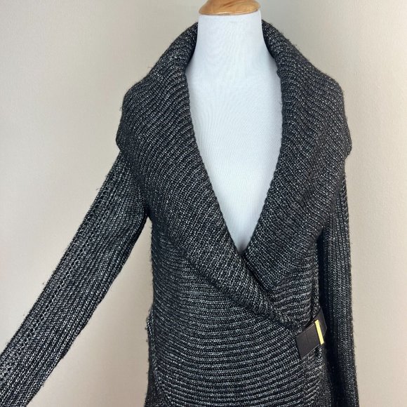 Cache Cardigan Sweater Medium Black Silver Metallic Knit Belted Shawl Collar New - Picture 13 of 14